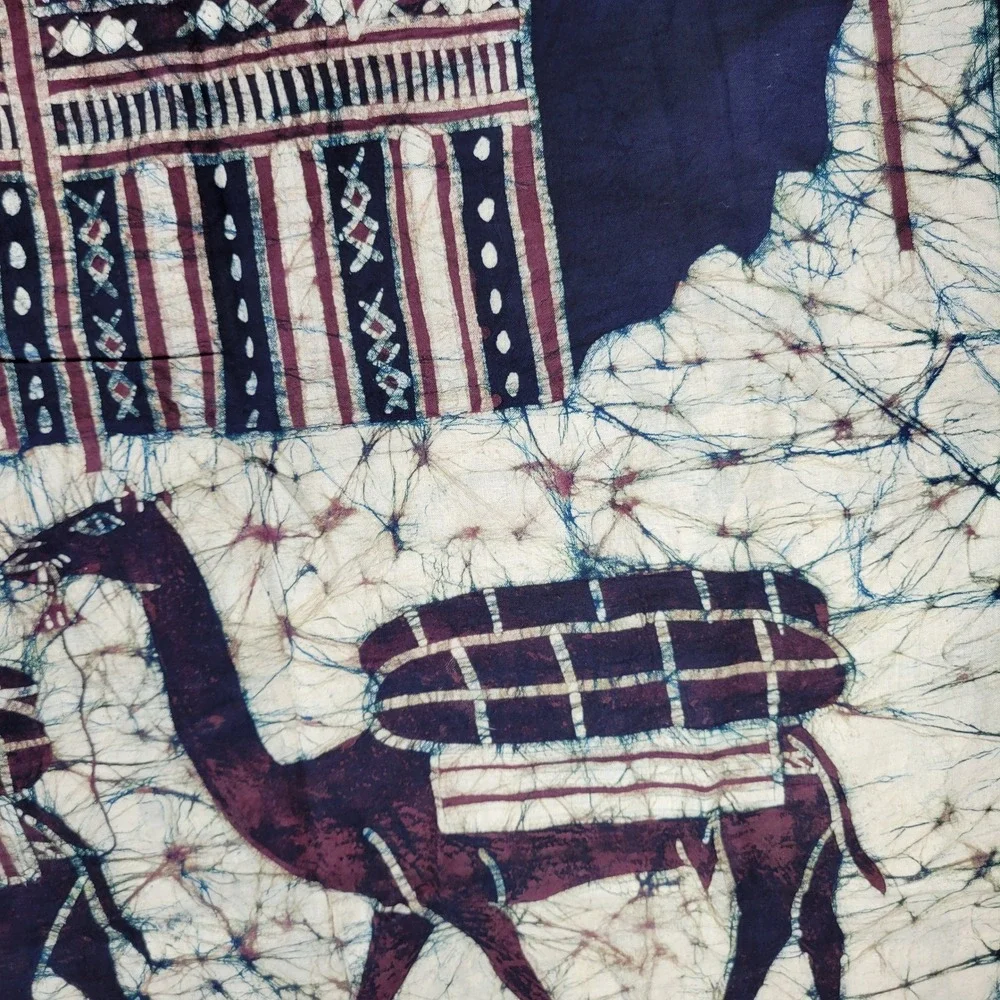 African Batik Dye Art Wall Hanging Camel Caravan Village Scene Tapestry Signed
